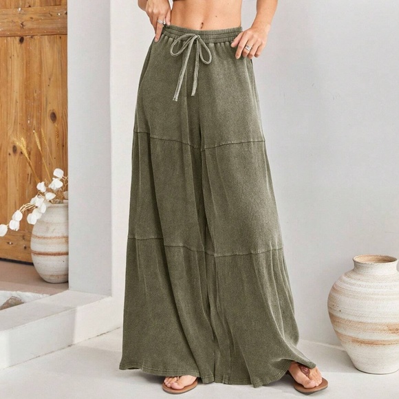 Green Ribbed Cotton Stretchy Waist Wide Leg Pants - Picture 1 of 11
